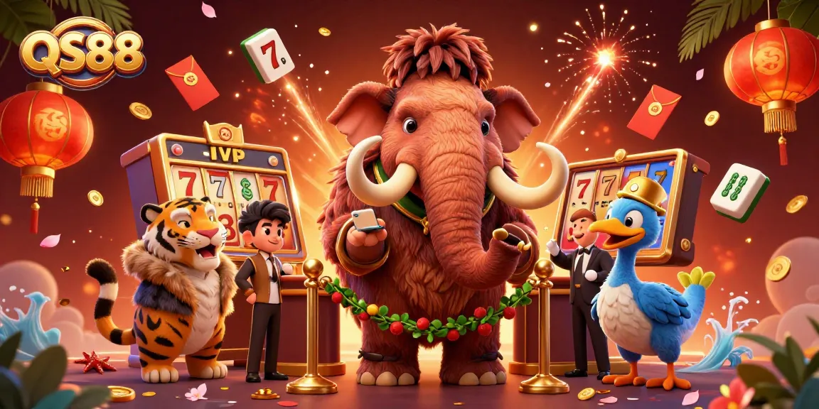 Experience vibrant gaming at QS88 with a 3D bouncer, VIP guest, and festive casino elements.