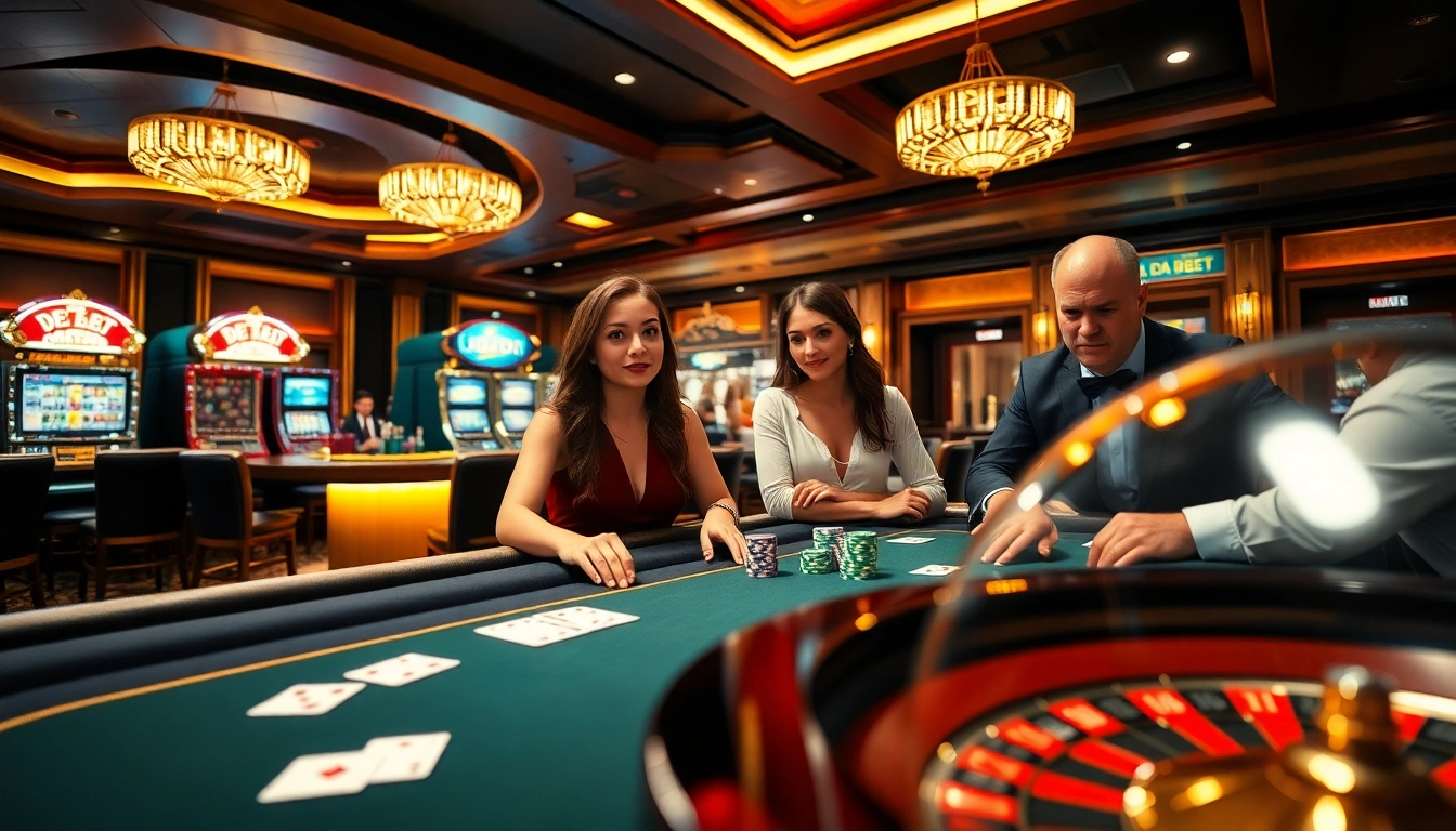 Players enjoying DE BET at an upscale casino poker table, surrounded by colorful chips and roulette wheels.