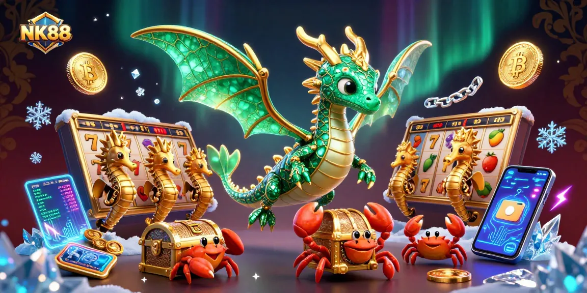 Engage with NK88's vibrant casino scene featuring a sea dragon and treasure chest amidst slot symbols.