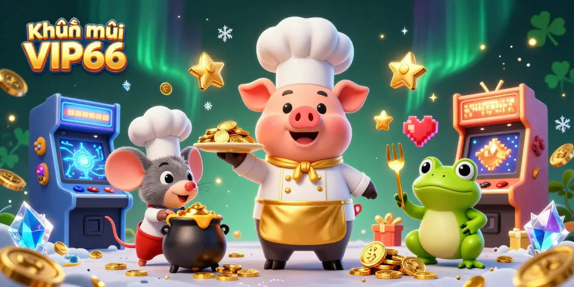 Engage with Khuyến mãi VIP66 as a chef pig serves gold coins, surrounded by colorful gaming elements.