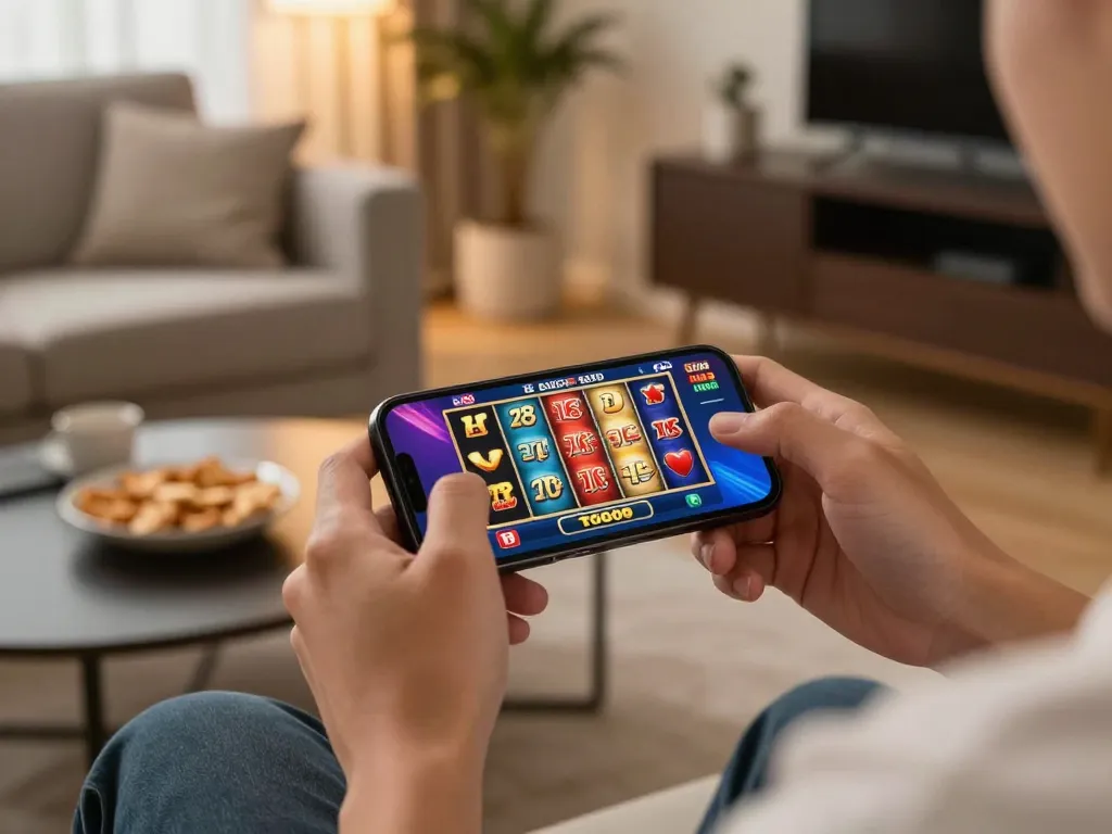 Player engaging with tg88 mobile casino app, showcasing vibrant slot graphics while enjoying a cozy gaming atmosphere.