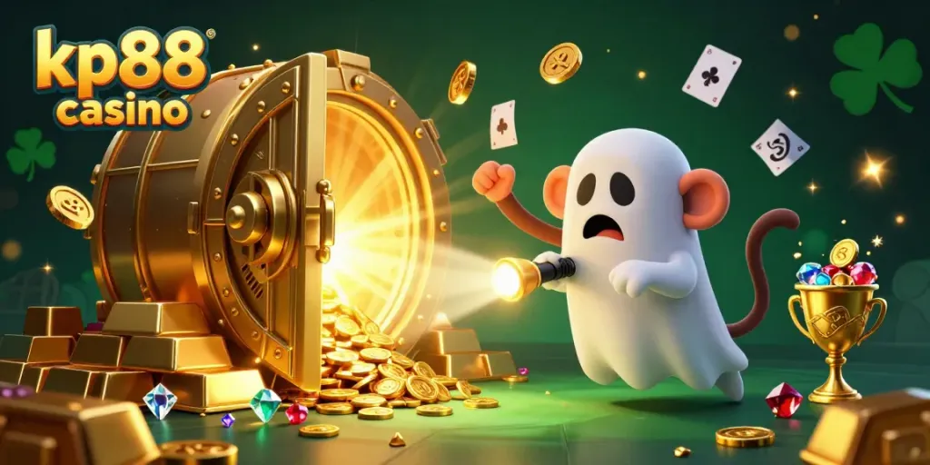 Cherish the excitement of kp88 casino as a playful poltergeist monkey juggles golden treasures in a mystical casino.