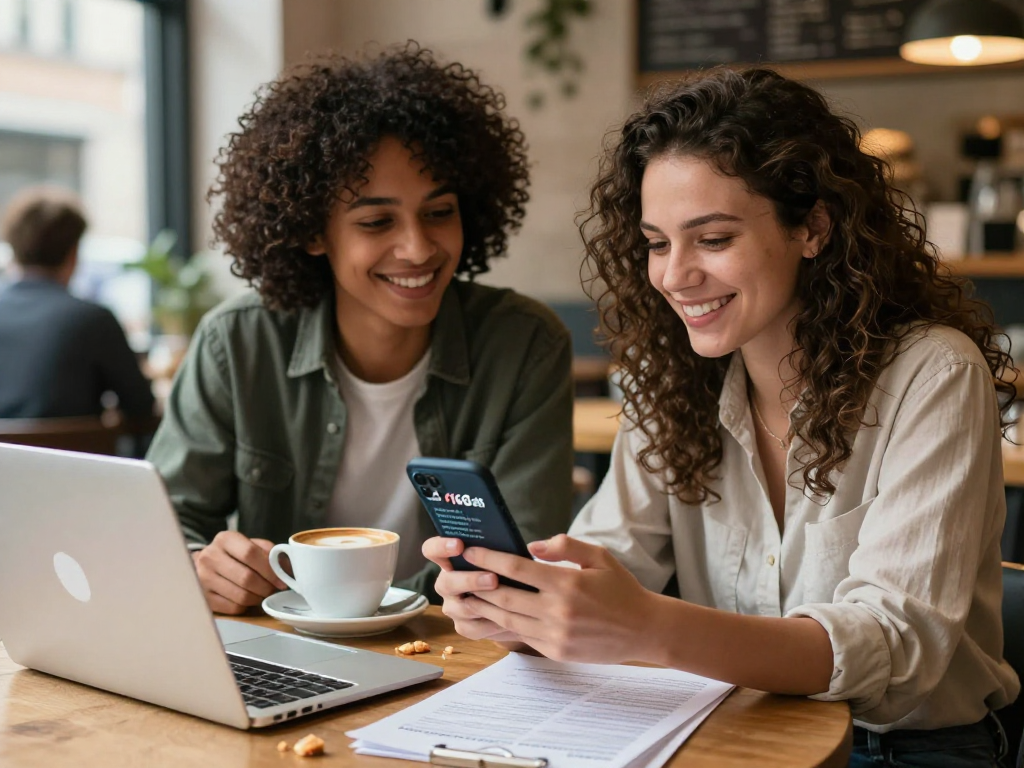 Couple using f168dating app in a cozy café setting.