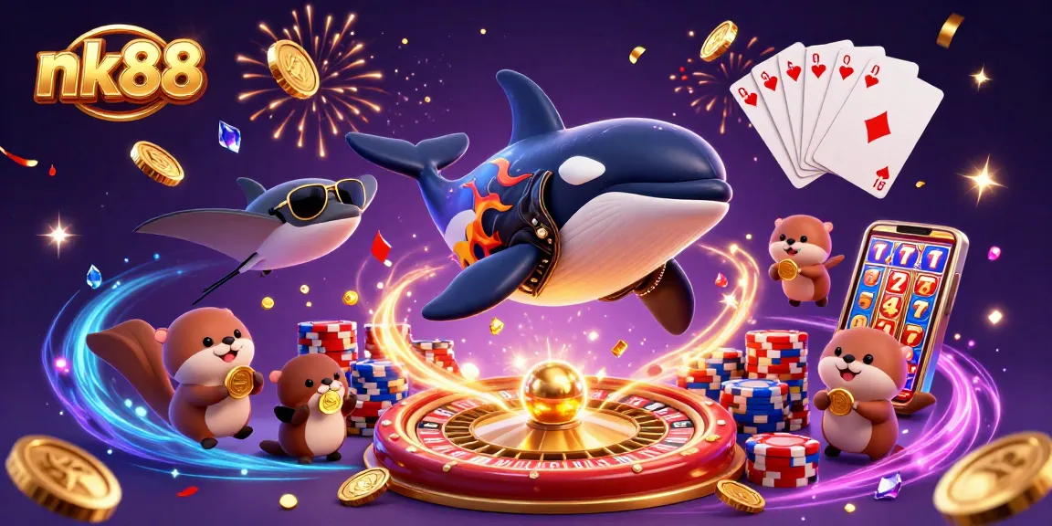 Experience thrilling wins at nk88 with cartoon characters celebrating around vibrant casino elements.