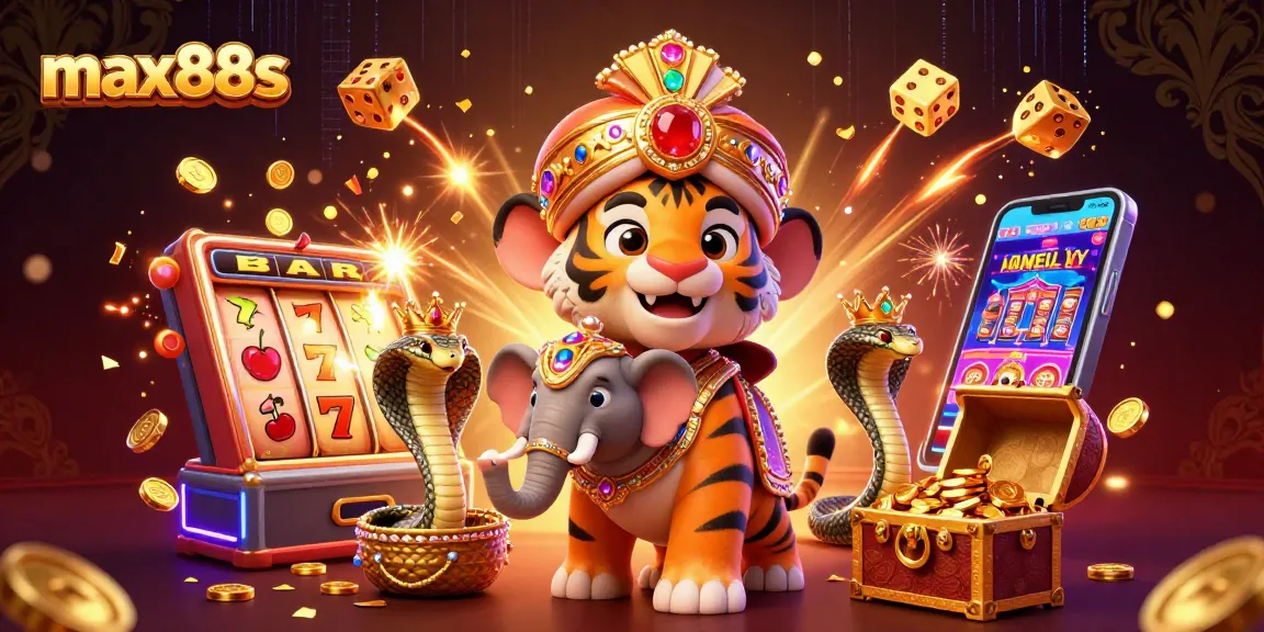 Experience the thrill of max88s with lively cartoon characters surrounded by a jackpot explosion and vibrant casino elements.