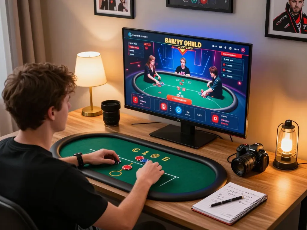 Engaging in strategic online poker gaming at co88i with a desktop setup and notes