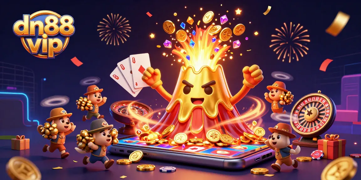 Experience the excitement of dn88 vip with a thrilling scene of a golden volcano showering treasure.