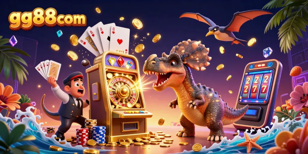 gg88com's cartoon pachycephalosaurus wins jackpots, showcasing vibrant casino chaos.