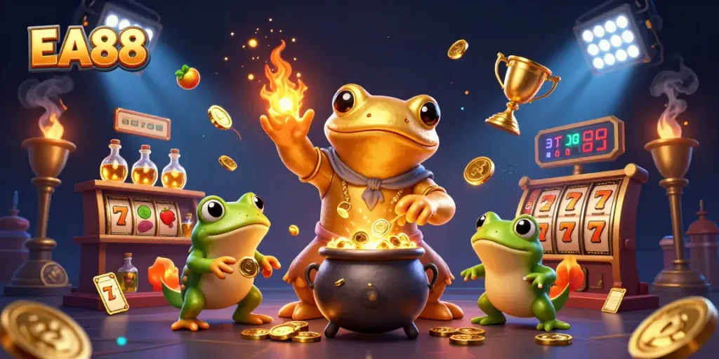 Engage in thrilling slots at EA88 with a vibrant scene featuring alchemists and gold elements.