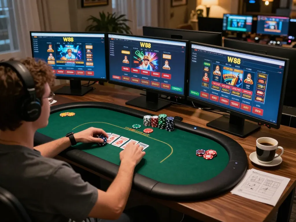 Person engaging with the W 88 online casino interface in a stylish home gaming setup.