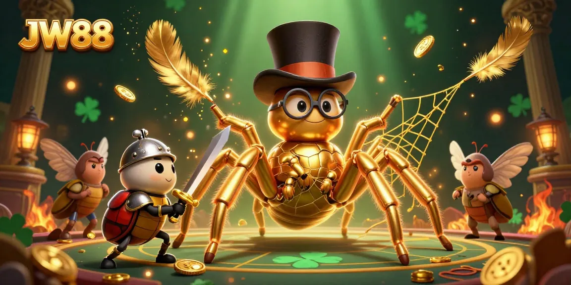 Experience thrilling adventures at JW88 casino with a daring cartoon beetle knight facing a golden tarantula!