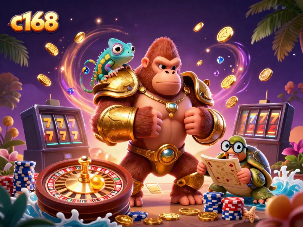 Experience thrilling wins with c168 as a gorilla king and colorful chameleon celebrate casino success.