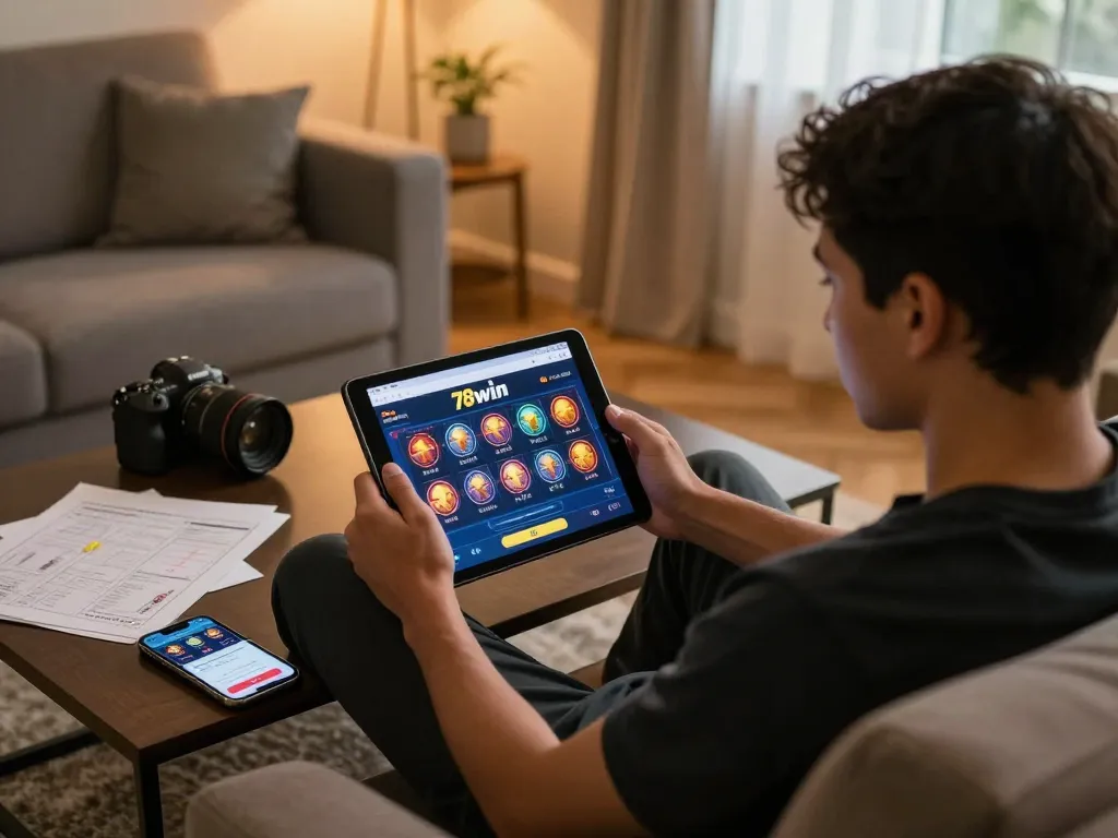 Person using 78win đăng nhập on a tablet during an online casino session, showcasing a comfortable home setup.