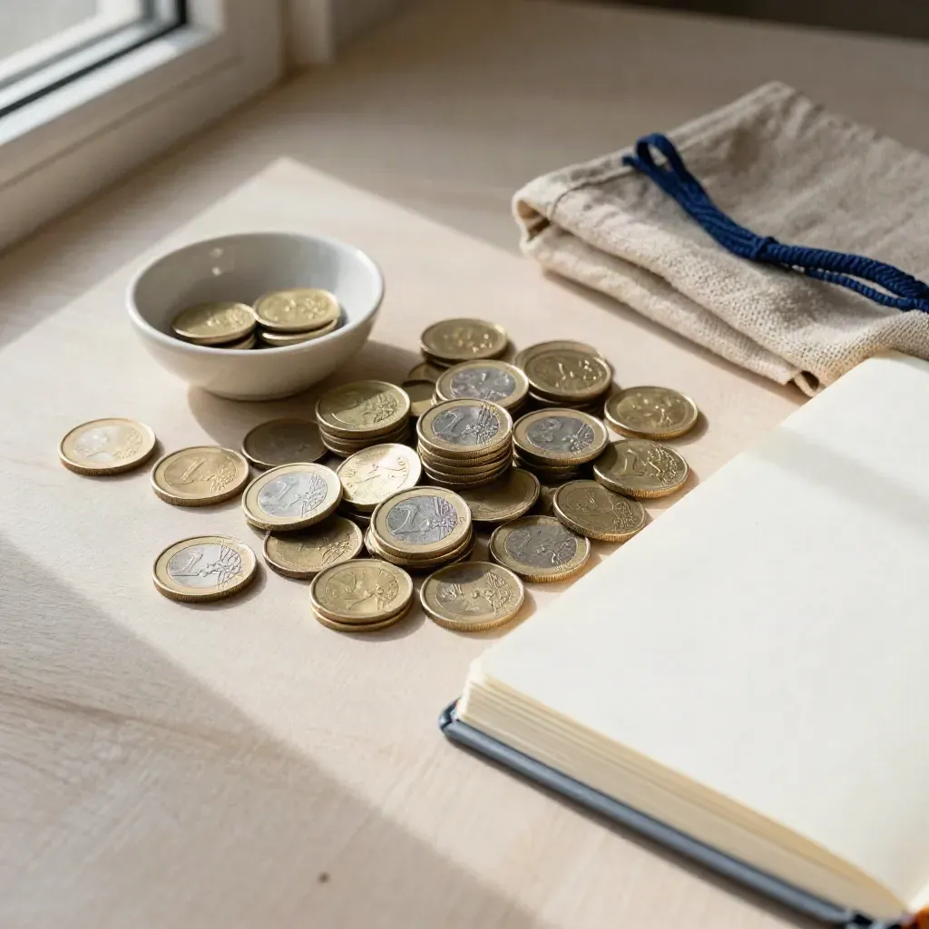 Bovenaanzicht van gestapelde euro’s, kom, open notitieboek en linnen doek op lichte houten tafel.