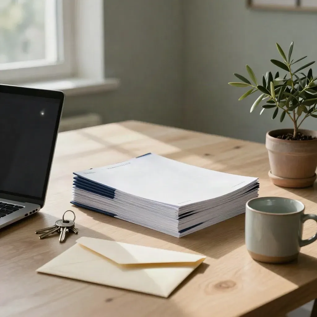 Open laptop, gidsstapel, sleutels, envelop, mok en olijfplant op een houten tafel.