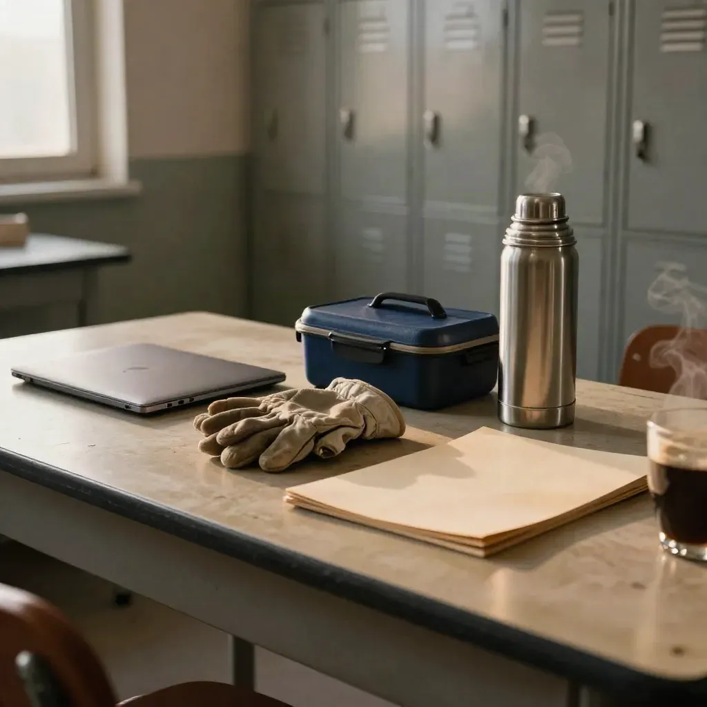 Werkplek in de vroege ochtend met laptop, handschoenen, lunchbox en thermos op een tafel.