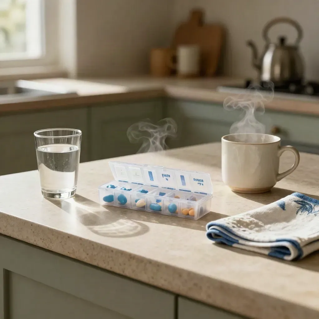 Medicijnorganizer, glas water en mok op een zonnig keukenblad in zachte ochtendlijkte.