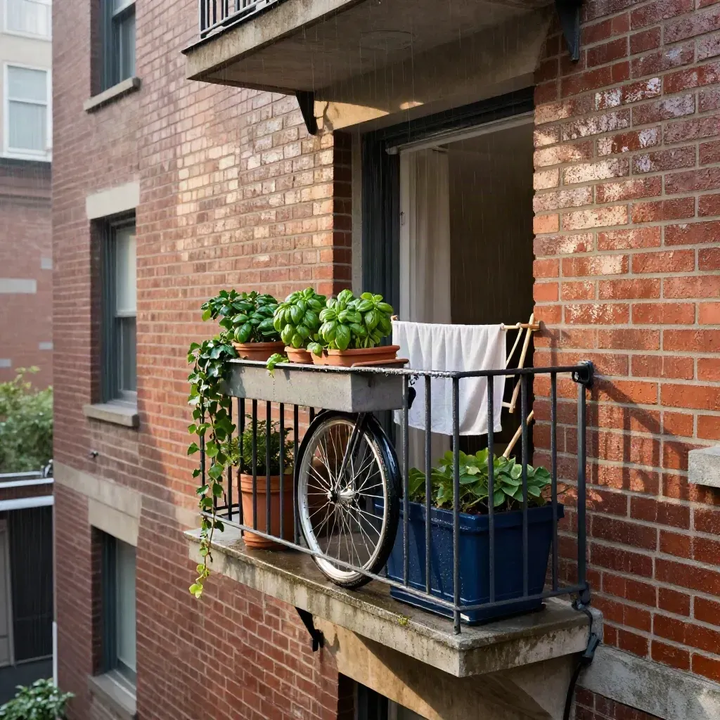 Natte stadsbalkon met plantenbakken, fietswiel en droogrek in ochtendlicht.