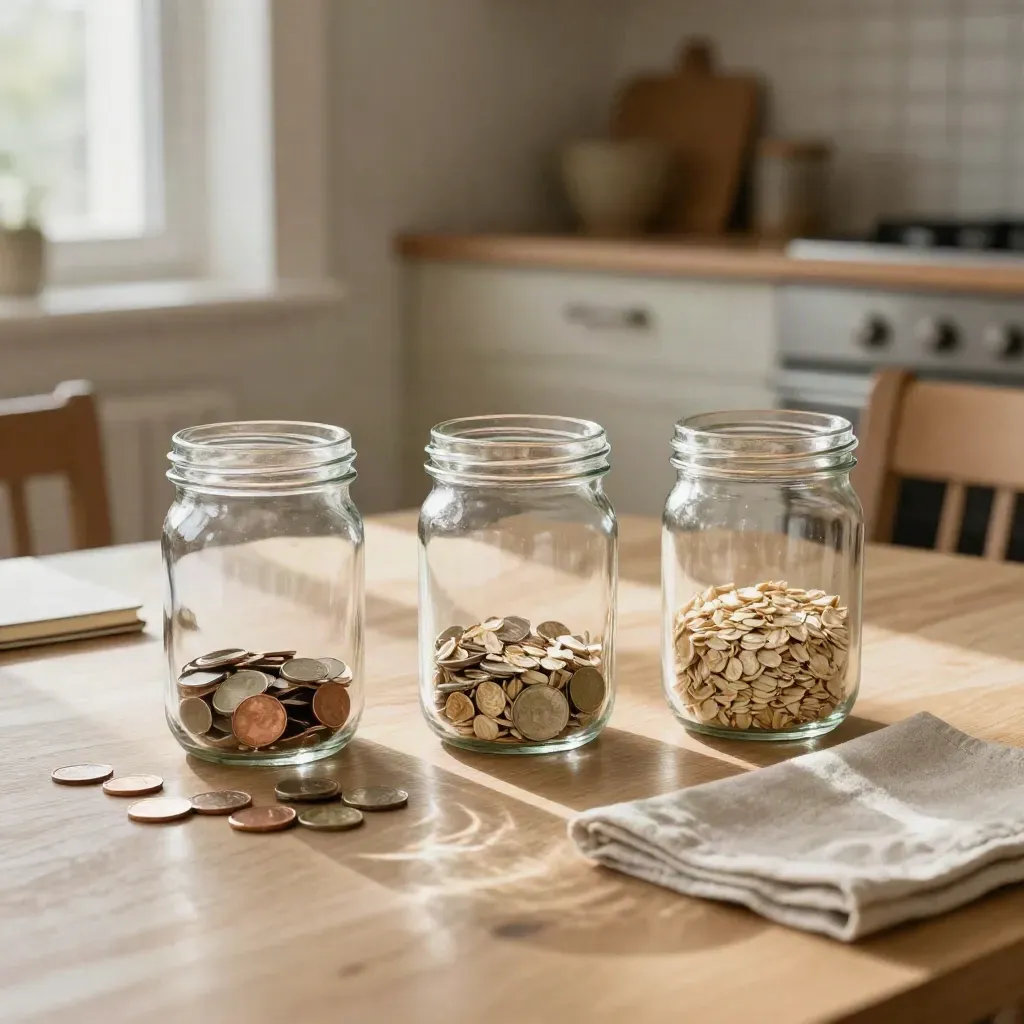 Glazen spaarpotten, munten en een linnen servet op een houten eettafel in zacht zonlicht.
