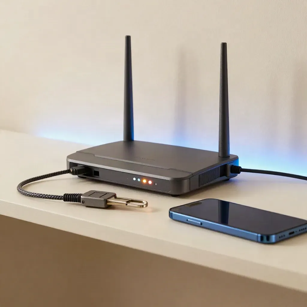 Router, telefoon en beveiligingssleutel op een plank met zacht blauw licht.