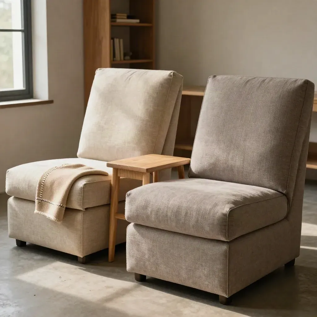 Twee stoelen met verschillende stoffen en een klein tafeltje in warm licht.