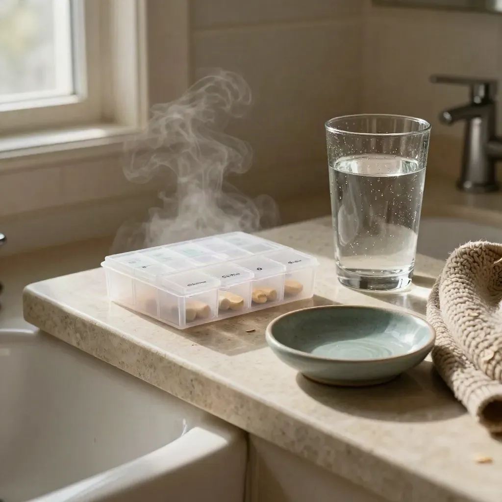 Medicijndoosje, waterglas, vest en schaaltje op een badkamerplank met stoom