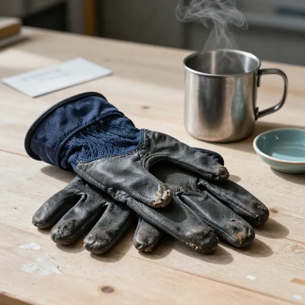 Werkhandschoenen, een opgerolde mouw, metalen beker en kommetje op een lichte werkbank.