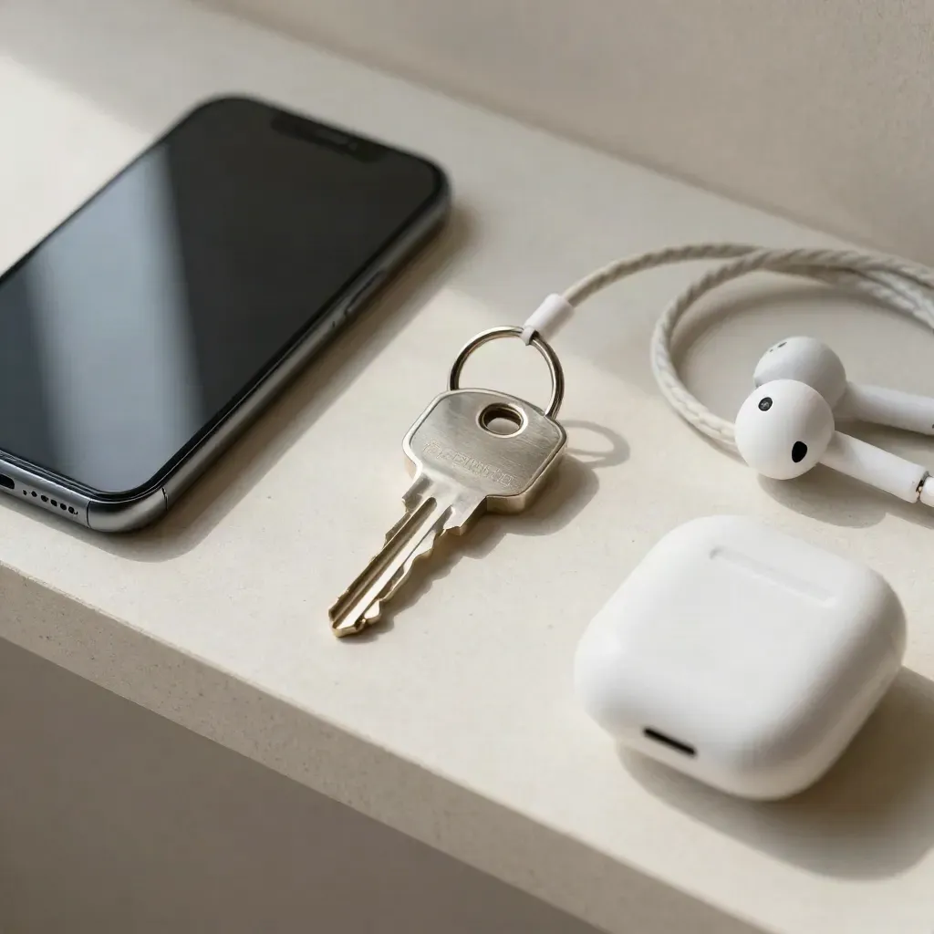 Bovenaanzicht van smartphone, beveiligingssleutel, kabel en oortjescase op een lichte plank.