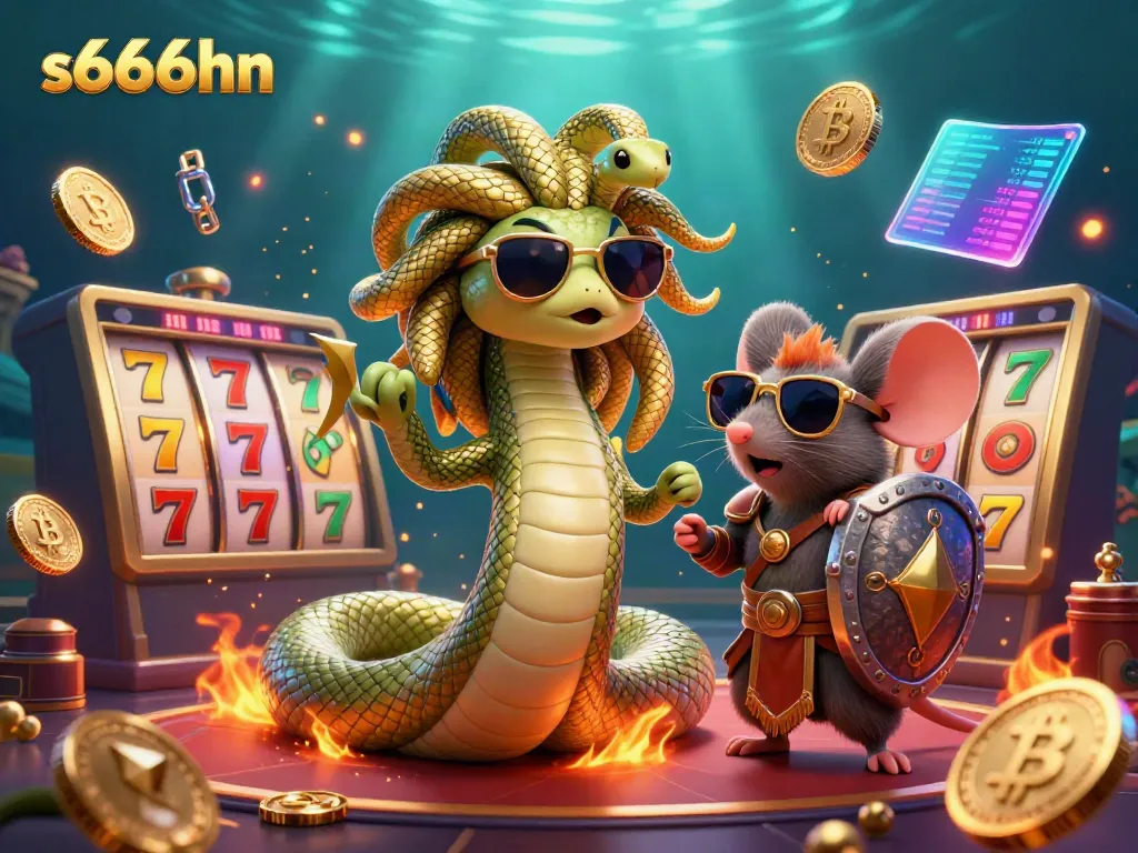 s666hn features a vibrant casino scene with Medusa and a warrior mouse surrounded by slot elements and cryptocurrencies.