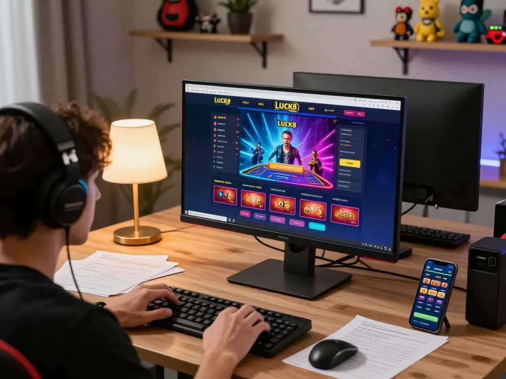 Người chơi LUCK8 đắm mình trong trò chơi casino trực tuyến chiến lược tại một bộ bàn làm việc hiện đại.