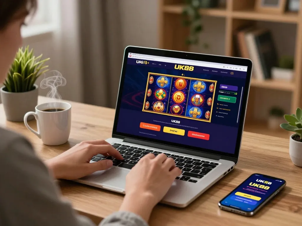 Engaging gameplay at UK88 casino app on a laptop, blending comfort and strategy for online gamblers