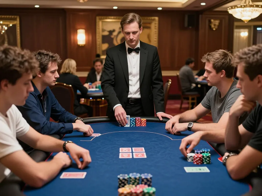 Players engaged in a high-stakes poker game at vin88sa casino, showcasing intense strategies and elegant decor.