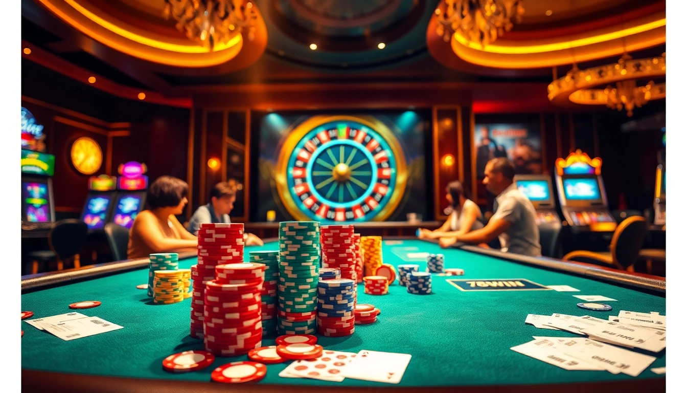A thrilling scene at a 78WIN casino table with players enjoying poker and vibrant poker chips.