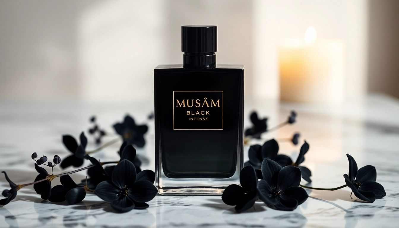 Experience the allure of Musamam Black Intense by Lattafa in a luxurious setting with elegant details.