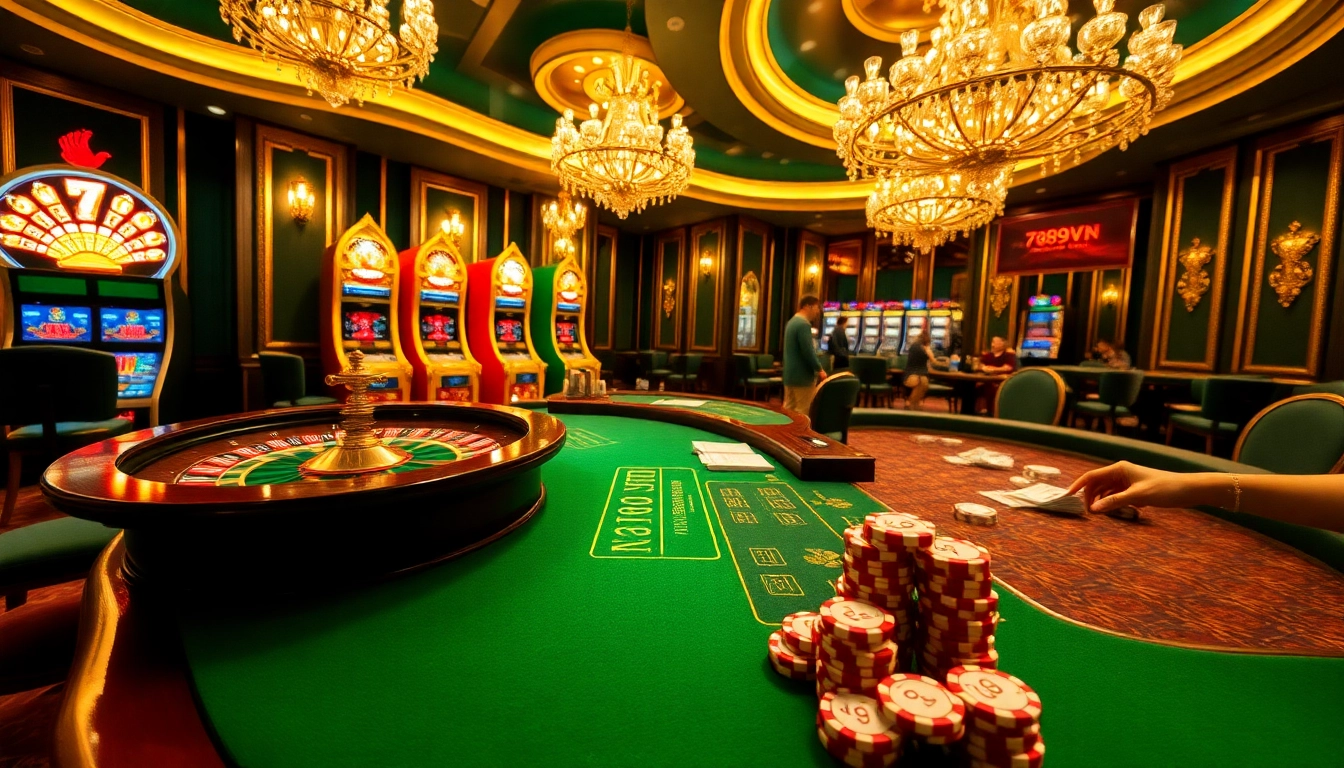 Engage with the thrills of 789VN at a luxurious casino table adorned with poker chips and a roulette wheel.