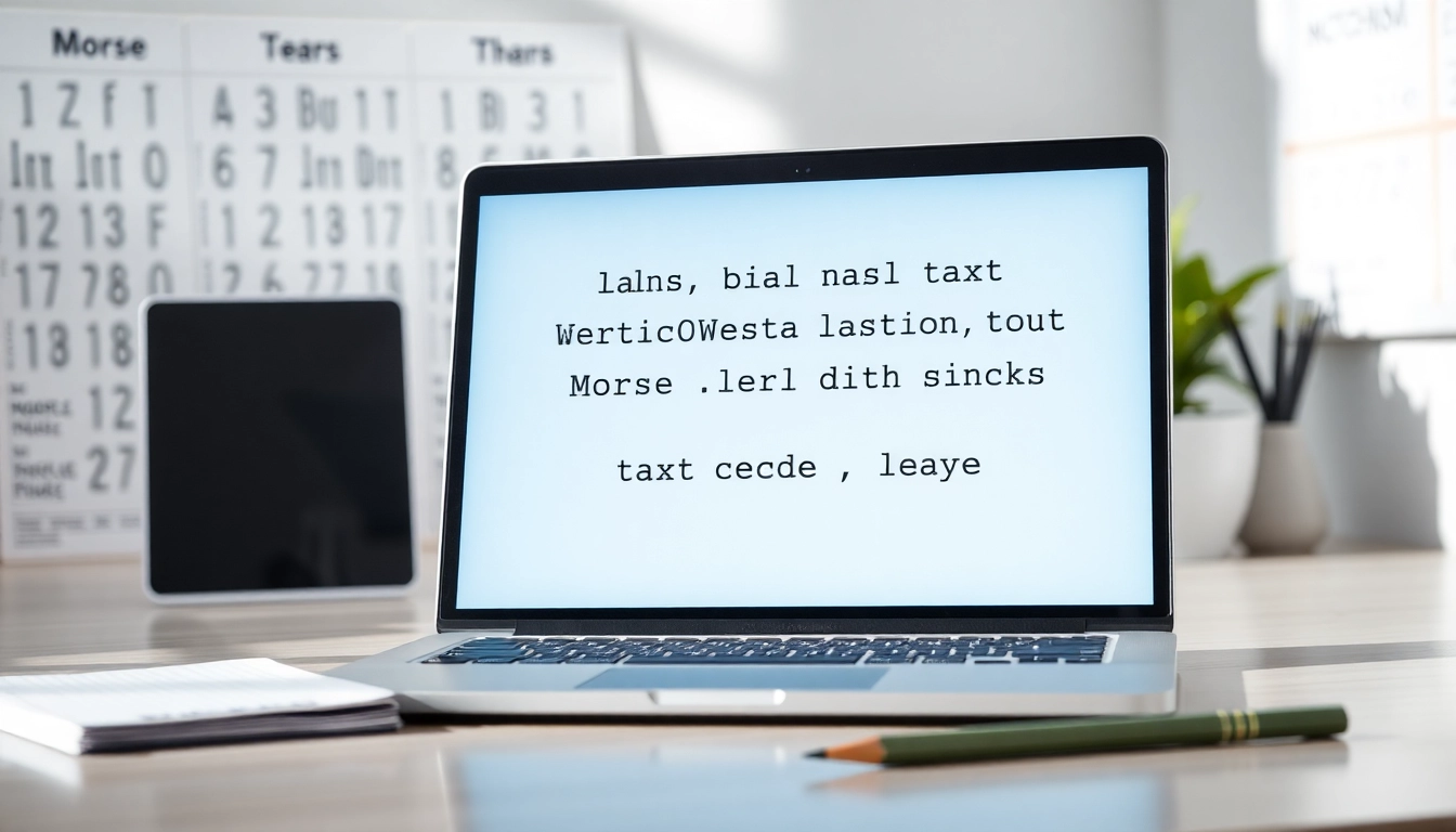 Morse code to text converter interface displayed on a laptop, showcasing the transformation of symbols into text for educational purposes.