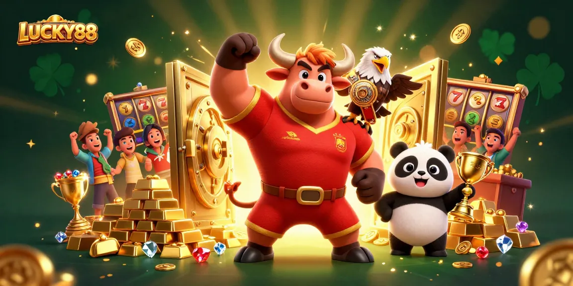 Experience LUCKY88 excitement with joyous characters winning gold and jewels in a dynamic casino scene.