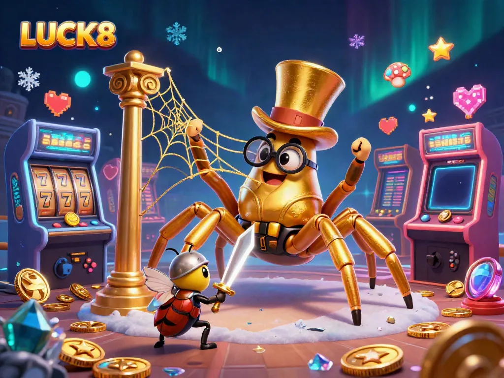 Experience the thrill of LUCK8 slots with a dynamic 3D casino scene featuring vibrant characters and game elements.