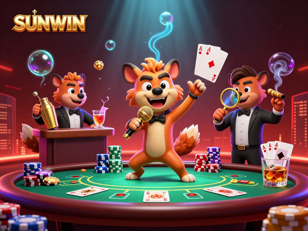 SUNWIN hyena-themed casino scene showcasing vibrant games and lively characters in a captivating environment.