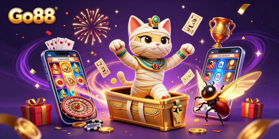 Engaging Go88 gaming scene with a mummy cat, golden coins, and vibrant slots action.