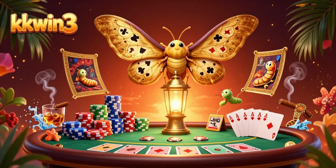 kkwin3 experiences a vibrant poker game scene with golden moths and dynamic casino elements.
