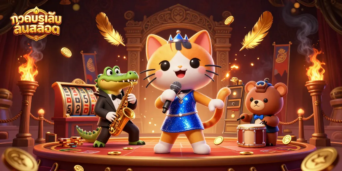 Engage in ทดลองเล่นสล็อต with a jazzy cat, crocodile, and bear cub amidst rich casino elements.