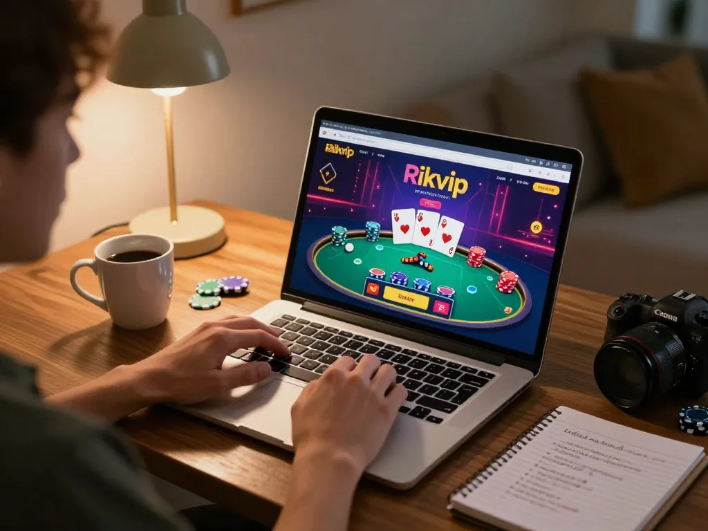 Engaged player on Rikvip enjoying online gambling with poker cards and ambient lighting