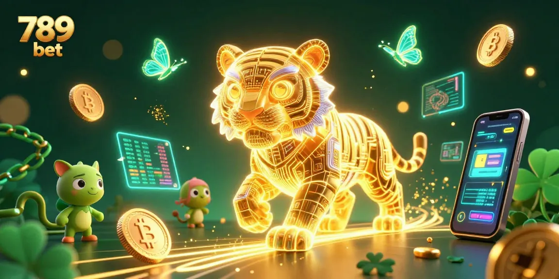 Experience the thrill of 789 bet with a neon-lit casino tiger and cryptocurrency elements in a vibrant digital landscape.