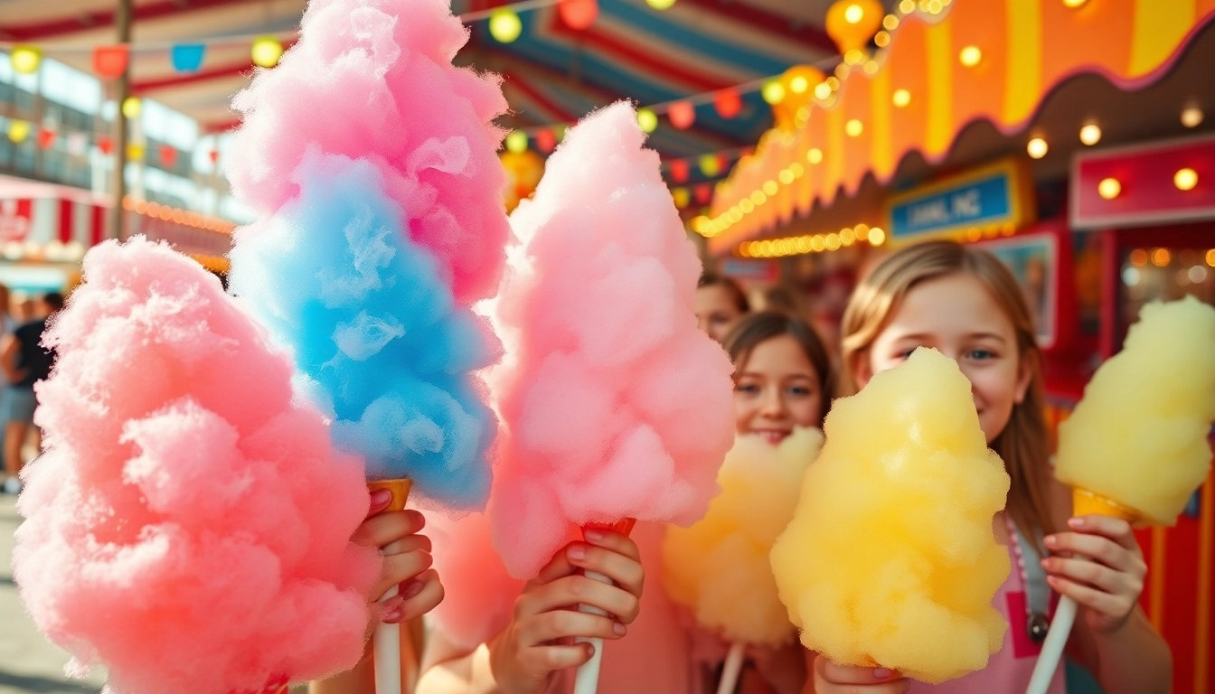 Koop goedkope wafelkatoen in verschillende kleuren op een drukke kermis.