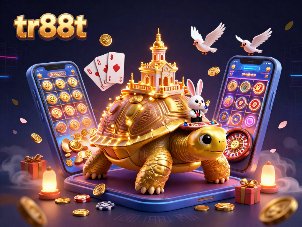 Experience the excitement of tr88t with a vibrant casino scene featuring a golden tortoise and rabbit dealer.