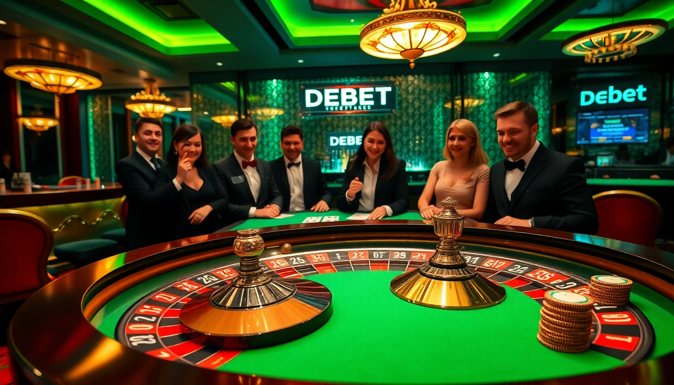 Engaged gamblers enjoying roulette at a stylish casino themed around DEBET.