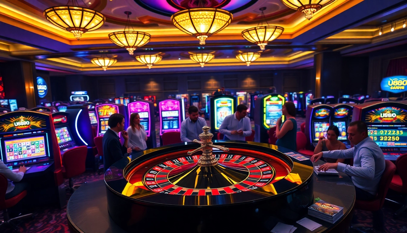 Exciting gaming scene at u888 com with players at roulette and vibrant slot machines.