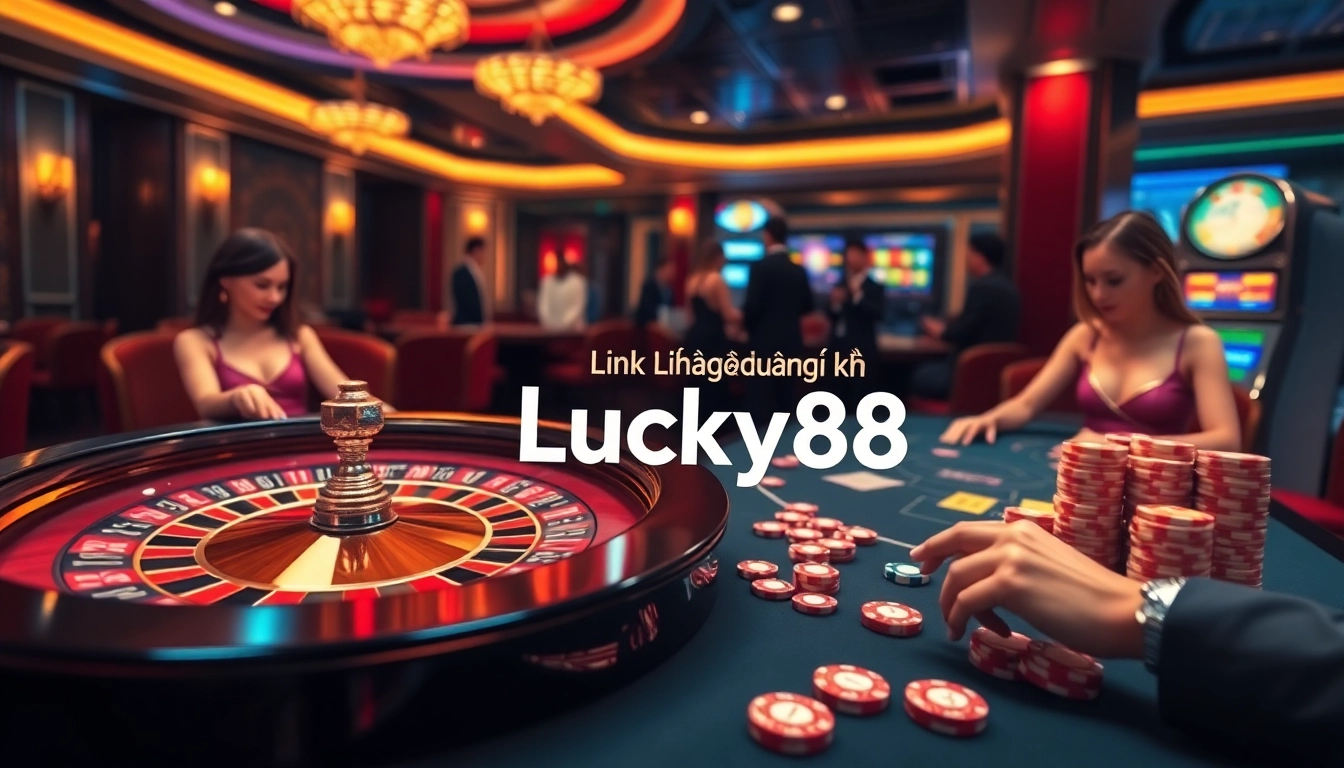 Players enjoying a premium gaming experience while accessing the Link đăng ký Lucky88 on a mobile device amidst casino elements.