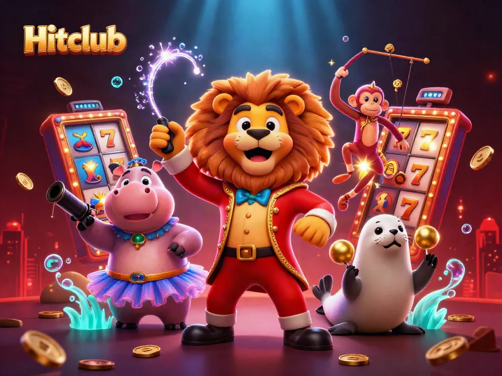 Experience the excitement of Hitclub with vibrant 3D characters in a casino setting, showcasing winning slot machines.